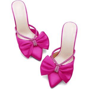 Rose Satin Bow Heel Womens Pointed Rhinestone Closed Toe Sandals Wedding Shoes